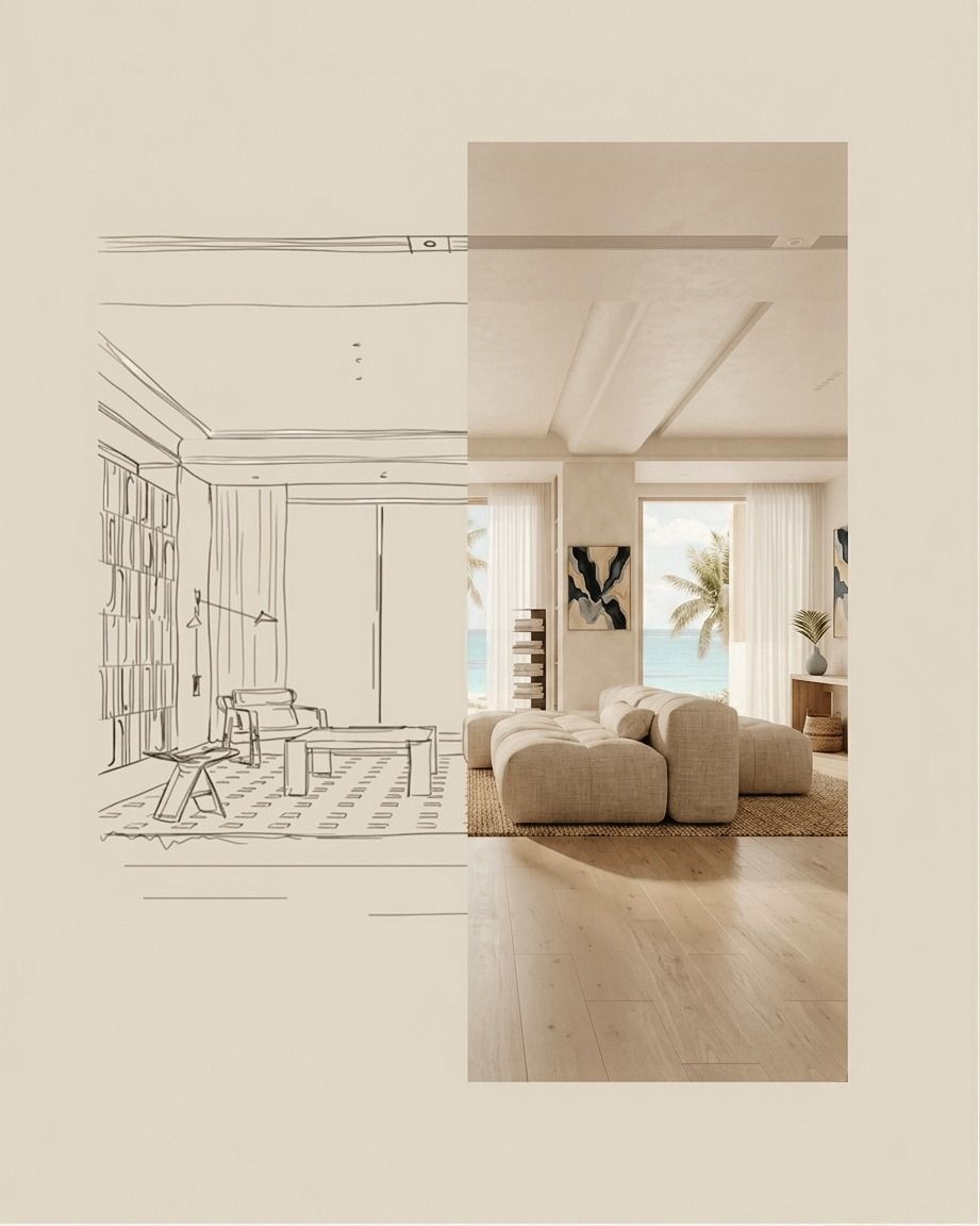 Boceto arquitectónico y render de un interior